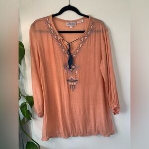 Andie Coral Tunic with Navy Embroidery
